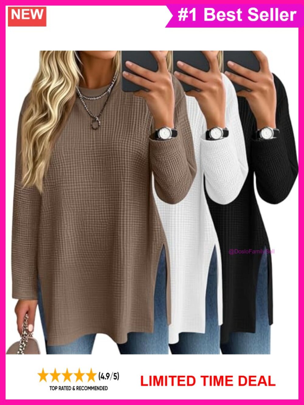 Waffle Knit Long Sleeve Oversized Top 3 Pack Crew Neck Side Slit